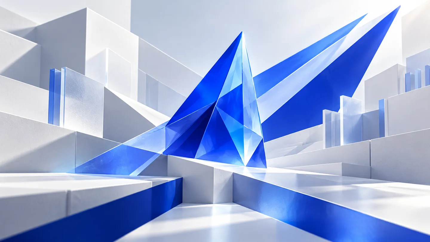 Faceted blue prism and diagonal beams crossing a white architectural grid.