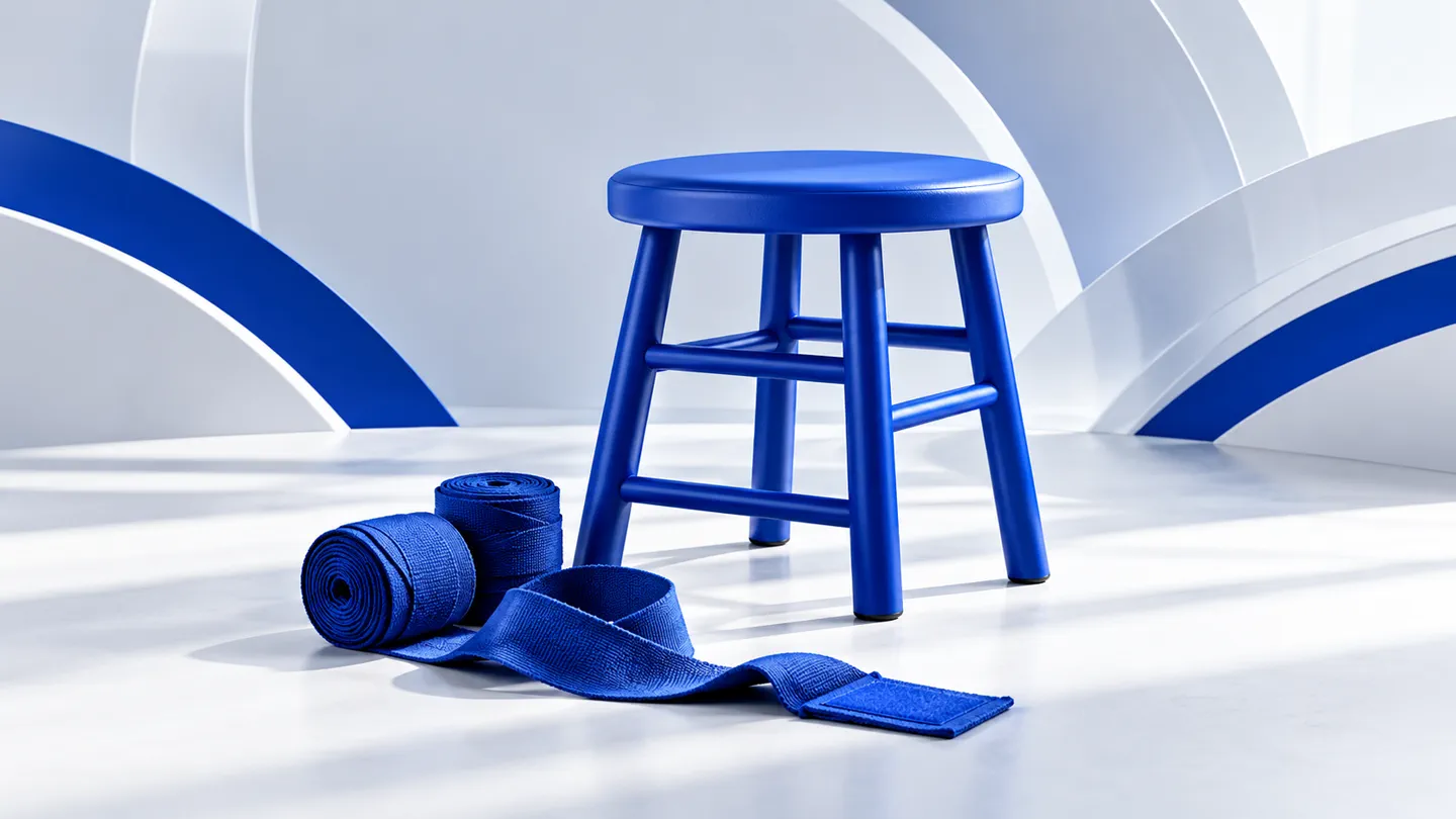 Blue corner stool and coiled hand wraps against white sculptural arches.