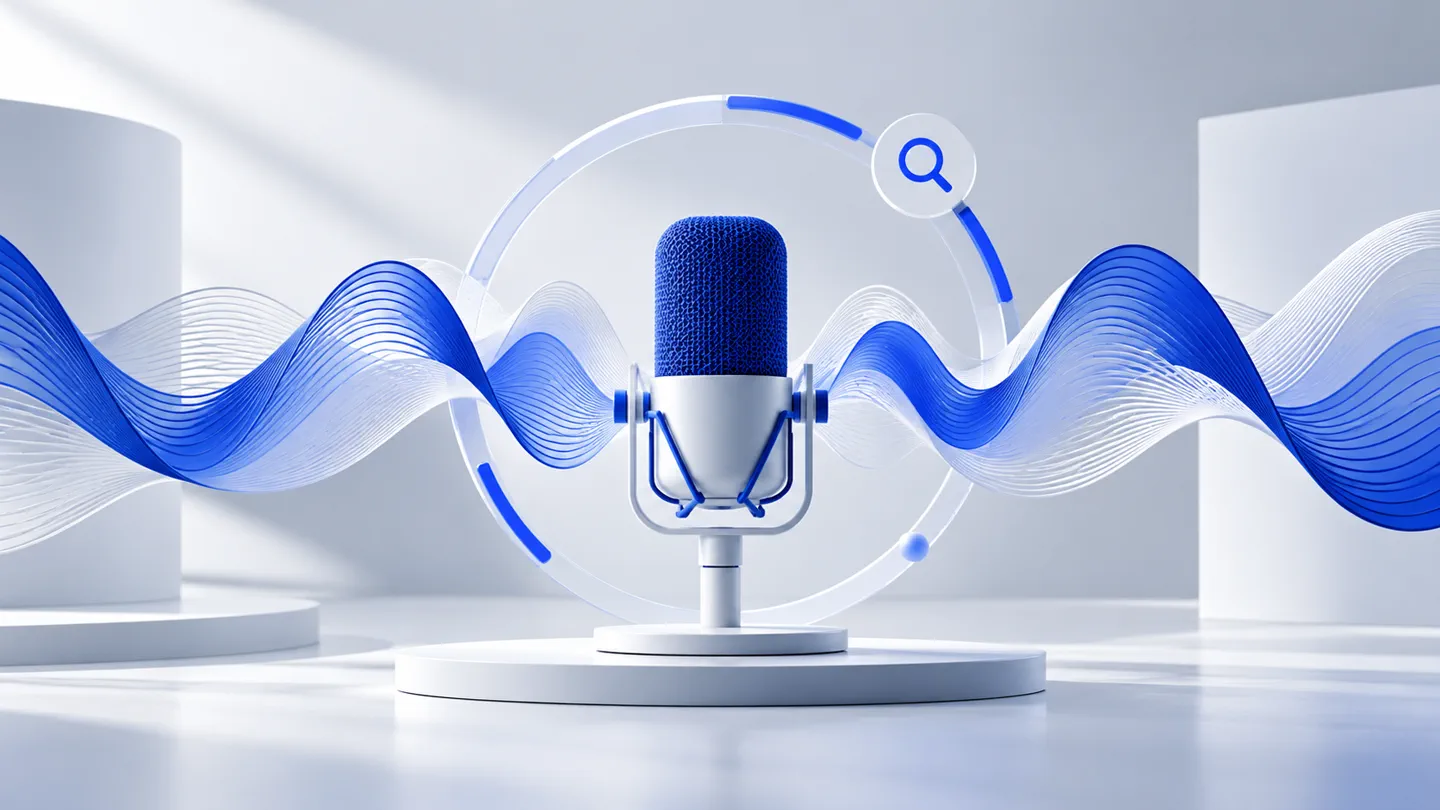 Blue studio microphone framed by abstract audio waves on a white background.