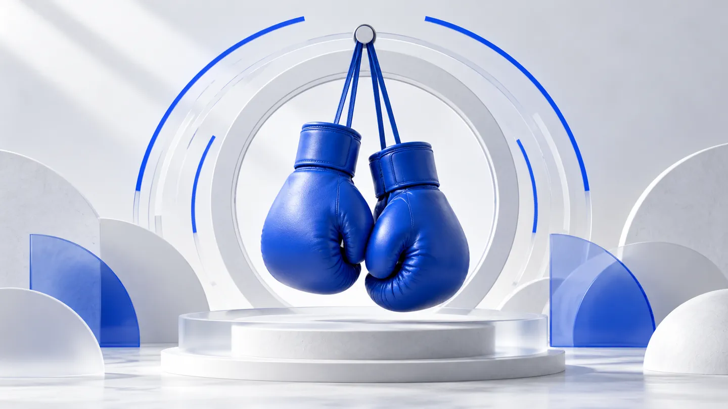 Blue boxing gloves suspended within white concentric arches.